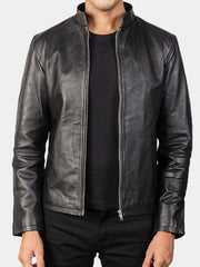 Men's Black Stand Collar Leather Jacket