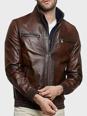 Men's Stand Collar Brown Bomber Leather Jacket