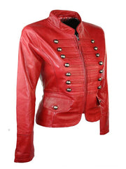 Women's Red Military Style Leather Jacket