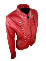 Women's Red Military Style Leather Jacket