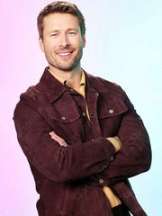 Glen Powell Hit Man 2024 Burgundy Suede Leather Jacket
