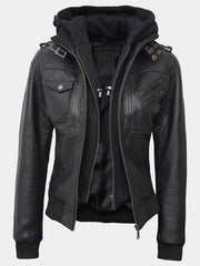 Olivia Black Real Leather Jacket With Hood