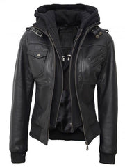 Olivia Black Real Leather Jacket With Hood