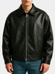 Oversized Black Zipper Leather Jacket For Men