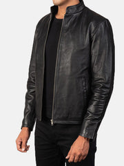 Men's Black Stand Collar Leather Jacket