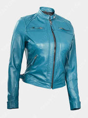 Natalie Blue Slimfit Cafe Racer Leather Jacket