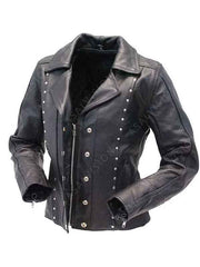 Womens Studded Black Leather Biker Jacket