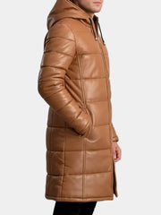 Men's Long Tan Puffer Leather Coat