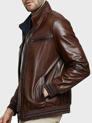 Men's Stand Collar Brown Bomber Leather Jacket