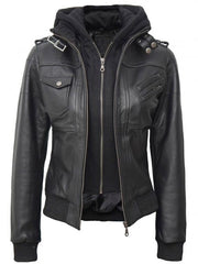 Olivia Black Real Leather Jacket With Hood