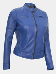 Declan Women's Blue Cafe Racer Leather Jacket