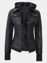 Women's Bomber Hooded Leather Jacket In Black Color