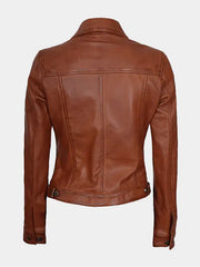 Women's Cognac Trucker Leather Jacket – Lambskin Classic