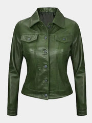 Women's Green Trucker Leather Jacket – Real Lambskin