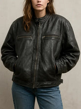 Women's Oversized Cafe Racer Distressed Leather Jacket