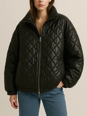 Women's Quilted Oversized Bomber Leather Jacket