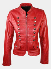 Women's Red Military Style Leather Jacket