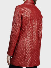 Red Quilted Leather Coat For Women