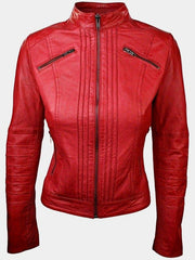 Women's Red Sheepskin Biker Jacket