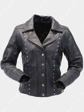 Womens Studded Black Leather Biker Jacket