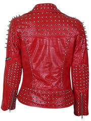 Womens Red Spike Studded Leather Jacket