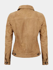 Women's Tan Suede Trucker Jacket – Timeless Utility, Soft Finish
