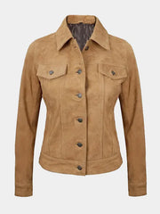 Women's Tan Suede Trucker Jacket – Timeless Utility, Soft Finish