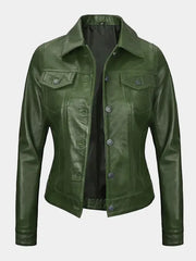Women's Green Trucker Leather Jacket – Real Lambskin