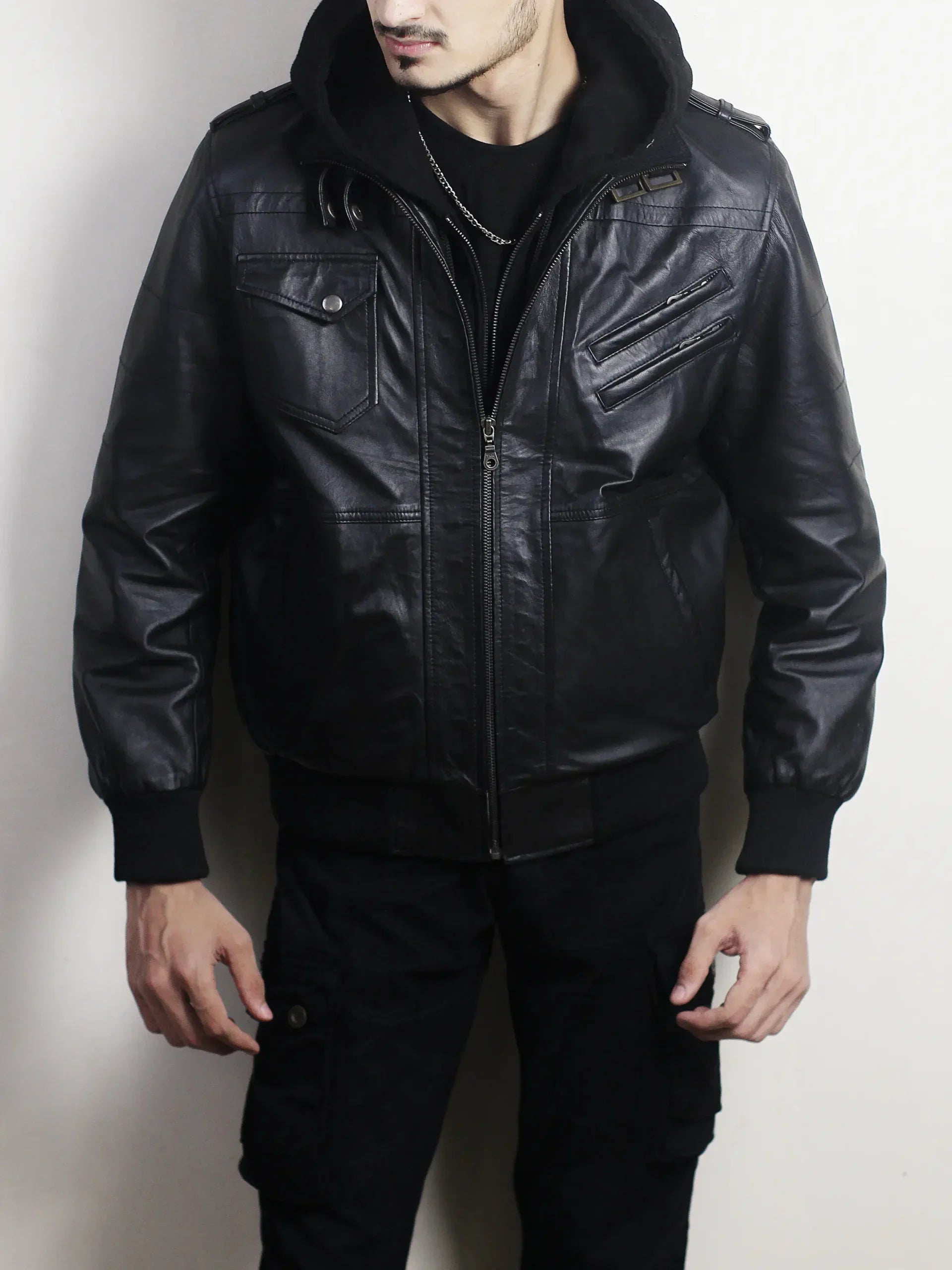 Men's Black Leather Hooded Bomber Jacket