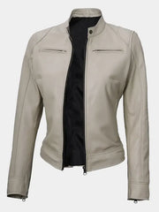 Declan Women's Beige Cafe Racer Leather Jacket