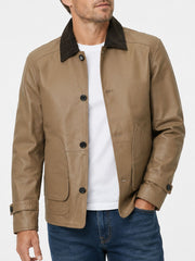 Huxley Beige Barn Leather Jacket With Corduroy Collar