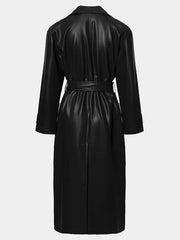 Womens Black Belted Sheepskin Leather Long Trench Coat