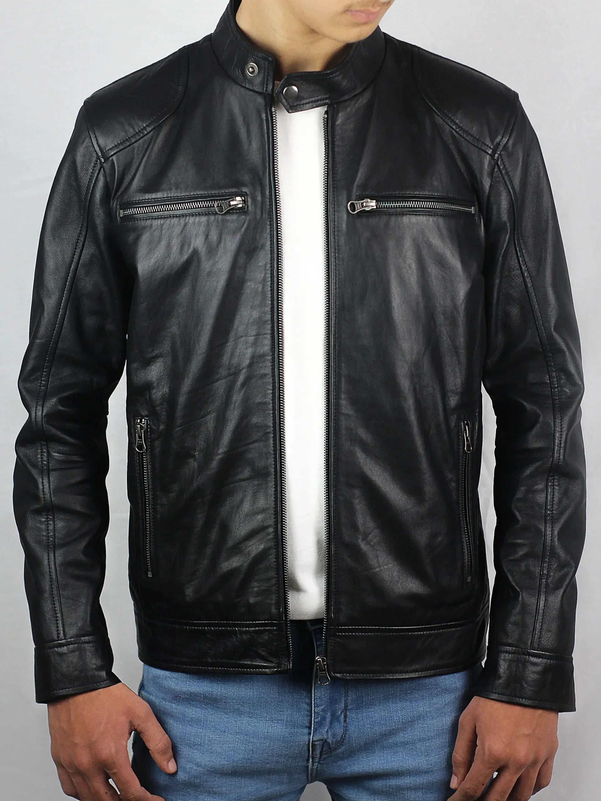 Declan Men's Cafe Racer Black Leather Jacket