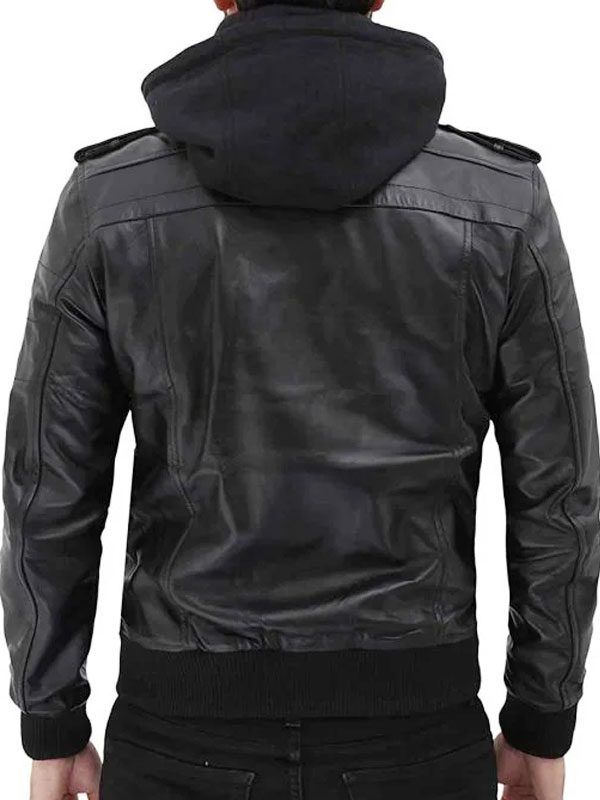 Mens Black Bomber Hooded Fashion Leather Jacket