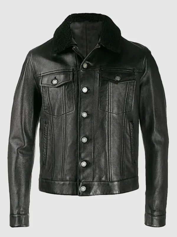 Men's Fur Collar Trucker Leather Jacket