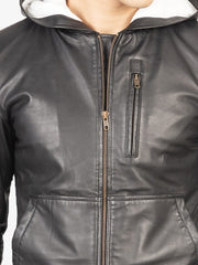 Smooth Black Hooded Leather Jacket For Men's