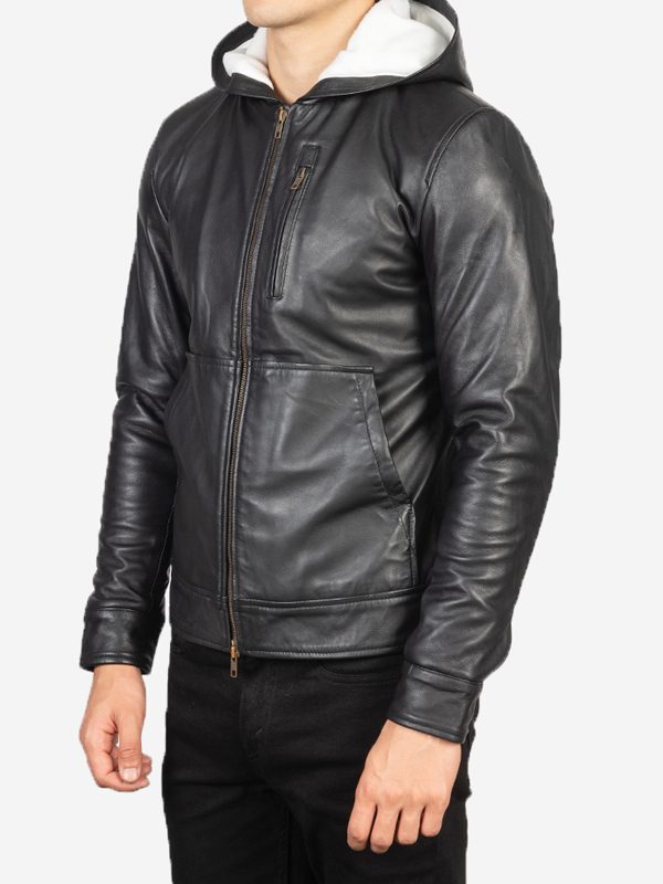 Smooth Black Hooded Leather Jacket For Men's
