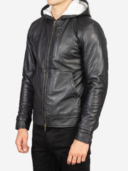 Smooth Black Hooded Leather Jacket For Men's
