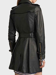 Women's Black Mid Length Leather Coat