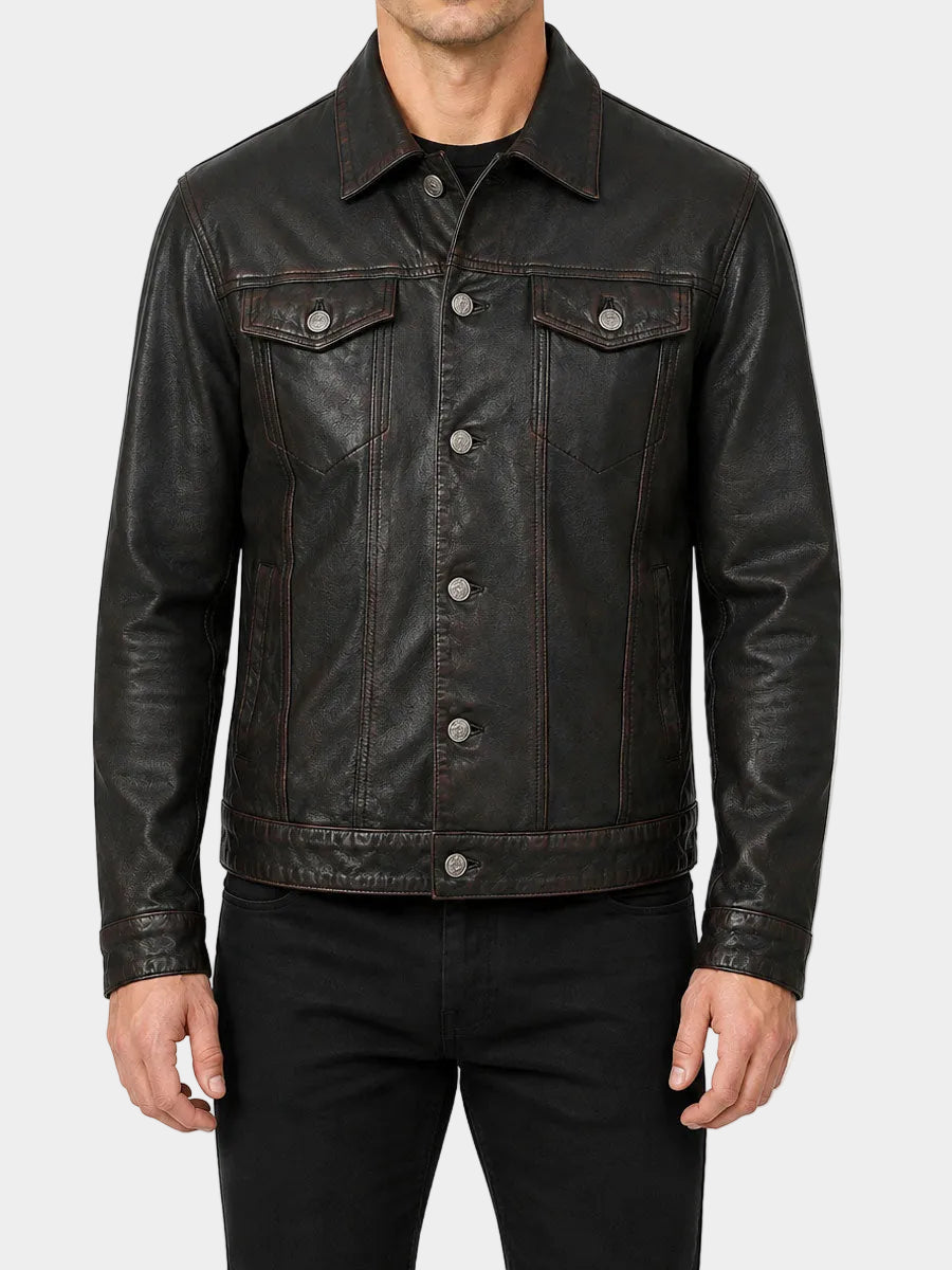 Yardley Black Distressed Trucker Leather Jacket