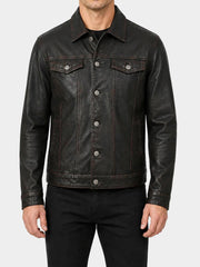 Yardley Black Distressed Trucker Leather Jacket