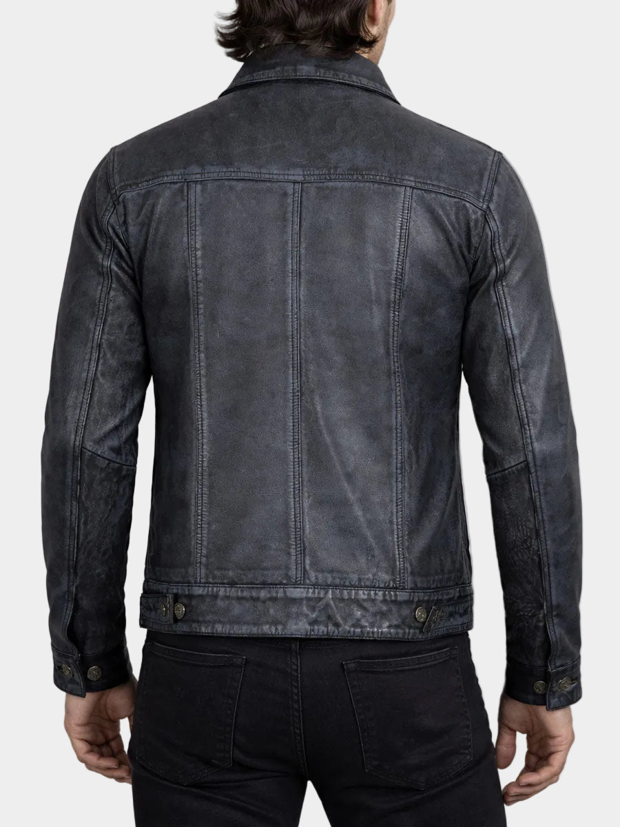 Ravenport Black Washed Leather Trucker Jacket