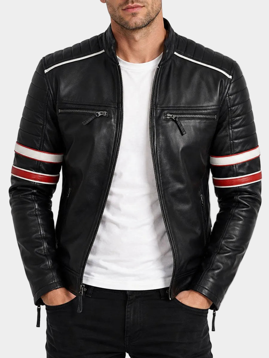 Spencer Striped Black Racer Leather Jacket