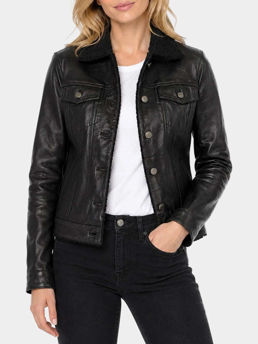 Ulani Black Leather Sherpa Lined Jacket