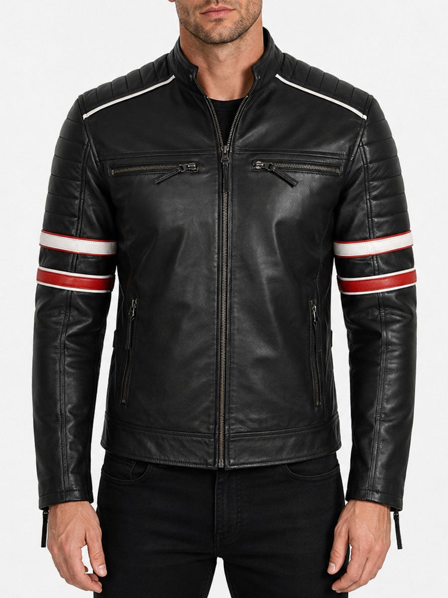 Spencer Striped Black Racer Leather Jacket