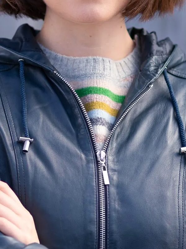 Women's Blue Leather Hooded Fashion Jacket