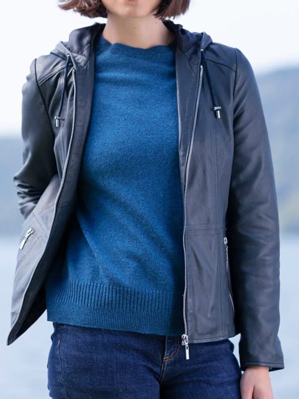 Women's Blue Leather Hooded Fashion Jacket