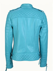 Women's Blue Quilted And Padded Motorcycle Jacket