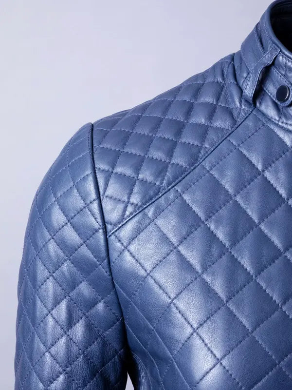 Women's Blue Quilted Leather Fashion Jacket