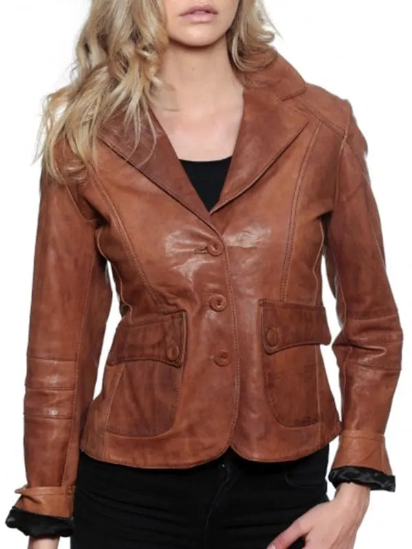 Women's Vintage Brown Leather Blazer Jacket